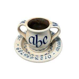 Rowe Pottery 1992 ABC Double Handled Mug and Saucer Child's Salt Glaze Folk Art